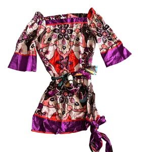 Bebe Womens Silk  Mandala Kaleidoscope  Tunic Top 3/4 Bell Sleeve Square Neck